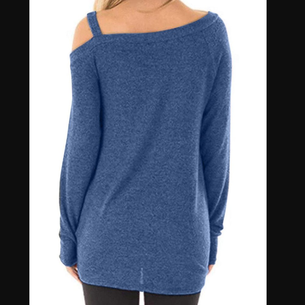 Blue Asymmetric Cold Shoulder Shirt - Picture 2 of 3